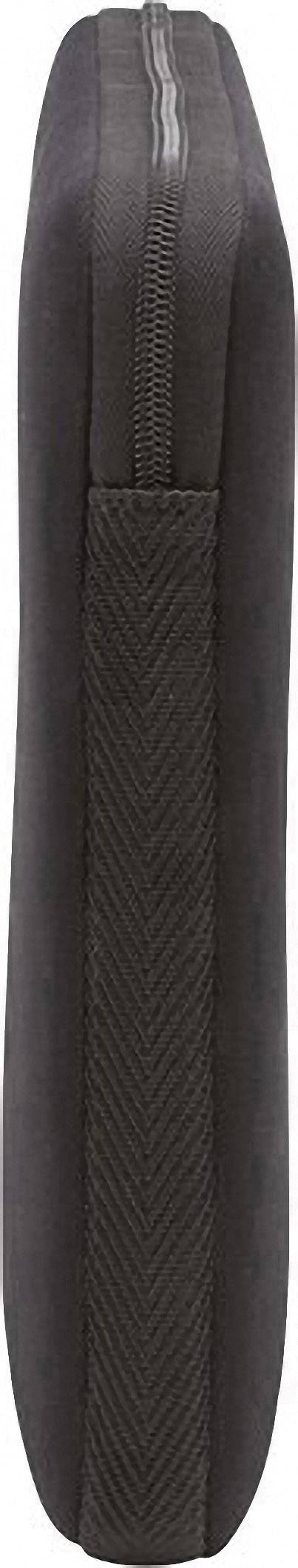 Black, rectangular case, side view. Protective cover with zip fastener and sturdy stitching, suitable for small electronic devices.