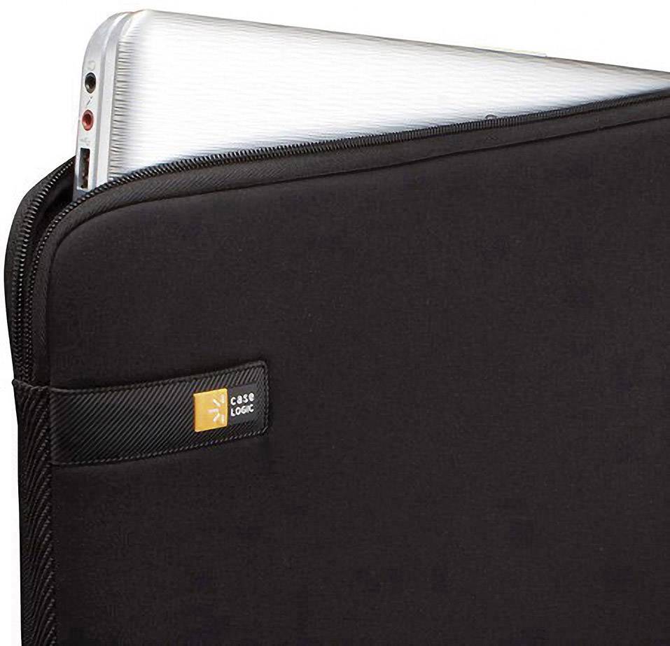 A black laptop bag with a zip, with a silver laptop corner visible. Small logo on the bag.