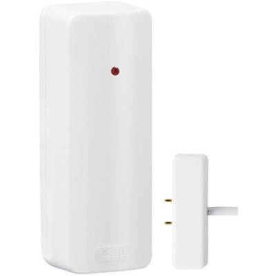 A white door/window sensor with a red LED indicator, suitable for security monitoring. On the left, the sensor; on the right, the magnet.