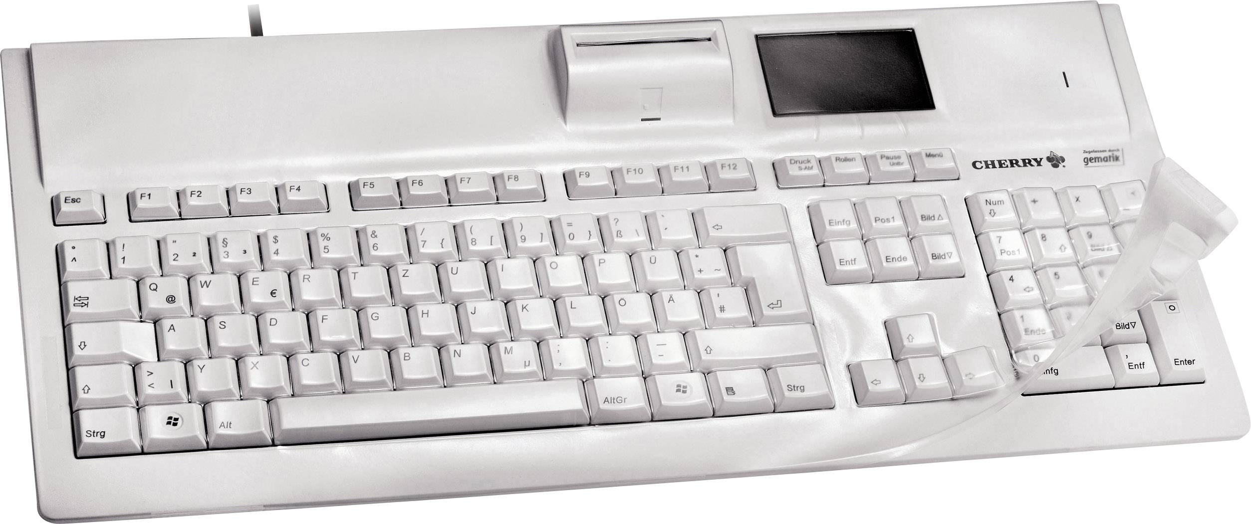 White keyboard with integrated card reader and display in the upper area. Ideal for secure data processing and multi-functional use.
