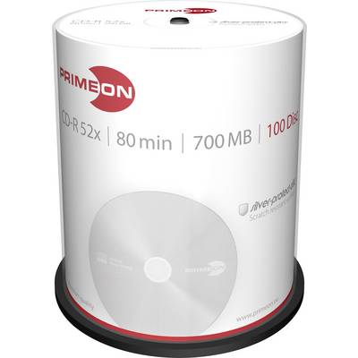 Pack of 100 PRIMEON CD-Rs, 52x speed, 80 minutes, 700 MB capacity, with scratch-resistant coating.