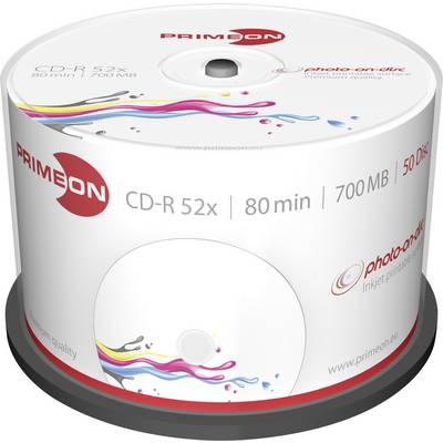 A spindle of 50 CD-Rs from PRIMEON, 52x speed, 80 minutes, 700 MB capacity. Packaging displays colourful wave patterns.