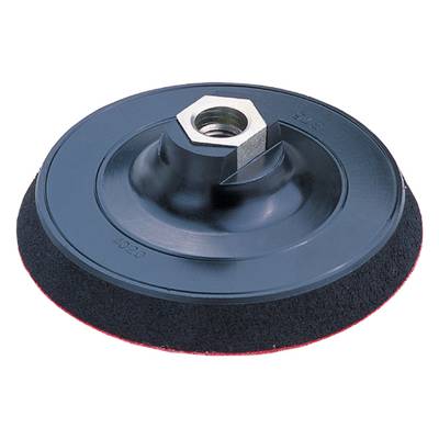 Black sanding plate with hexagonal mounting, suitable for use with power tools for grinding or polishing.