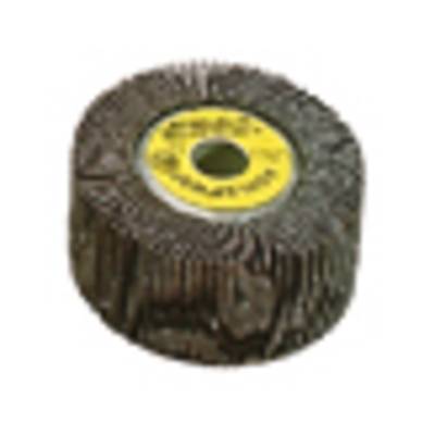 Grinding wheel composed of multiple lamellae formed into a wheel, with a yellow label in the centre. Used for grinding operations.