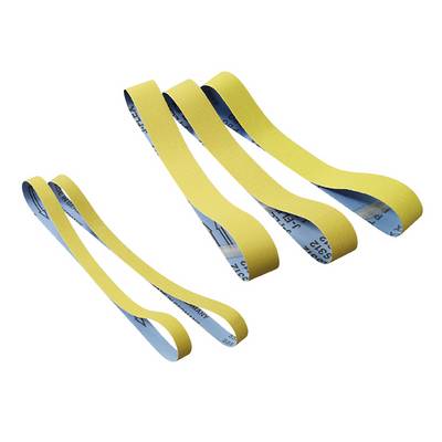 Yellow sanding belts of varying lengths and widths on a white background.