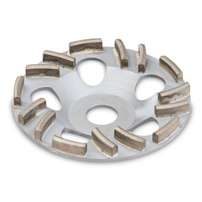 A metal grinding wheel with several angled segments around the edge. Used in surface machining.
