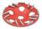 Red grinding disc with multiple diamond-shaped grinding segments; for concrete and stone processing.