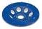 Blue metal sanding disc with seven large round holes and smaller text on the surface, for sanding work.