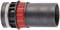 A black plastic connector with a red knurled ring, designed for connecting pipes or hoses.