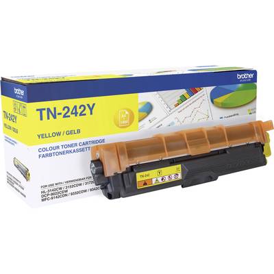 Yellow Brother Toner Cartridge TN-242Y in front of its packaging. Packaging shows diagram and is labelled 'Colour Toner Cartridge'.