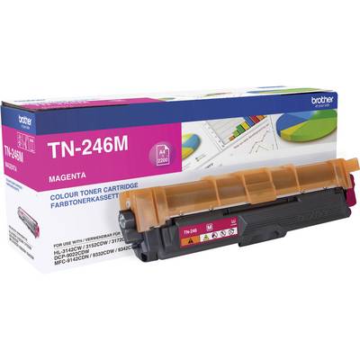 A Brother TN-246M Magenta toner cartridge next to its packaging. Packaging shows compatibility with multiple printer models and graphic designs.