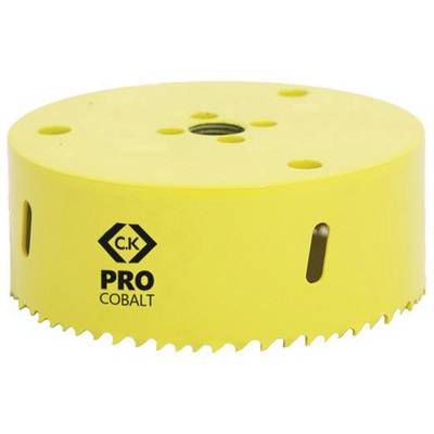 Yellow hole saw attachment with 'C.K Pro Cobalt' inscription, suitable for drilling large holes in various materials.