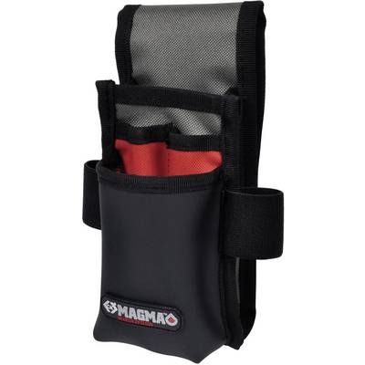 Black tool bag with red inner lining and multiple compartments, suitable for carrying and organising tools.