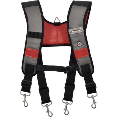Grey safety harness with red accents and four adjustable straps with carabiner hooks for secure attachment.