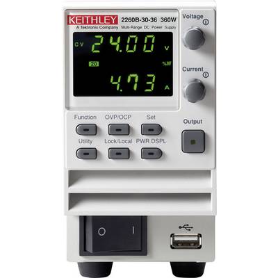 A multi-range DC power supply displays voltage '24.00 V' and current '4.73 A' on a screen. Brand name 'Keithley'.