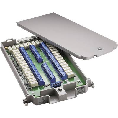 Electronic control unit with a removable cover, showing multiple rows of blue connectors and white components on a circuit board.