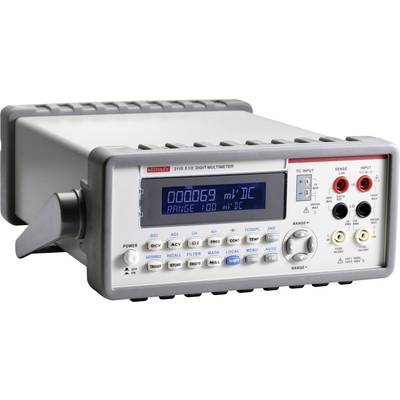 Digital multimeter with a blue display showing '000069 mV DC'. Various buttons and sockets on the front.