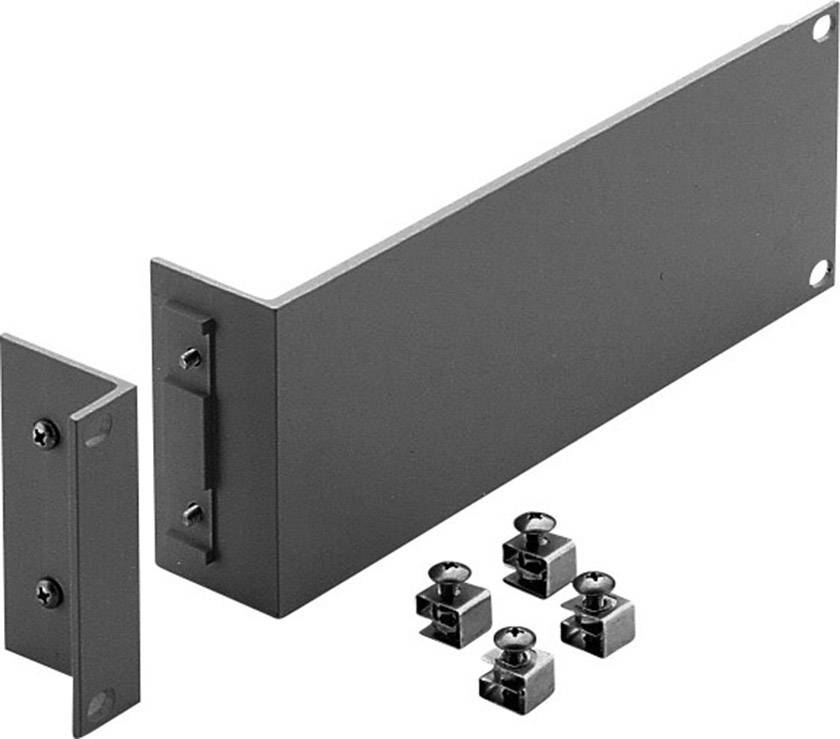 A black metal mounting kit with two brackets and six fixing screws, used for mounting server components.