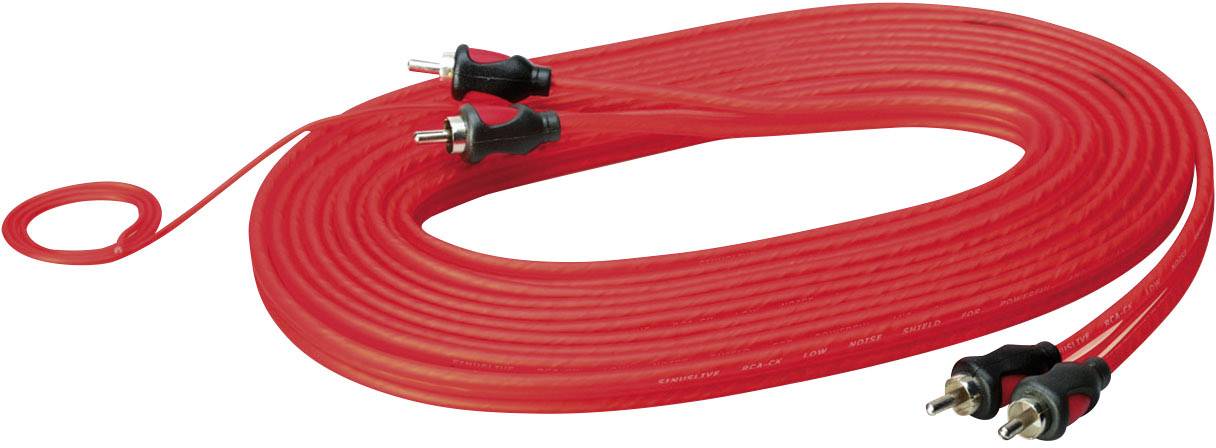 A red audio cable with two plugs at each end, coiled spirally. Suitable for connecting audio devices.