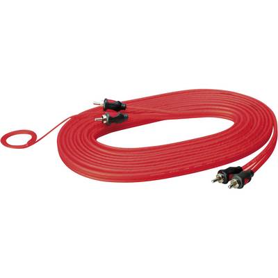 A red audio cable with two plugs at each end, coiled spirally. Suitable for connecting audio devices.