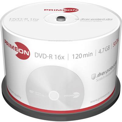 Stack of 50 DVD-Rs, 16x, 120 mins, 4.7 GB, by Primeon. Packaging with silver-red design, emphasising scratch resistance.