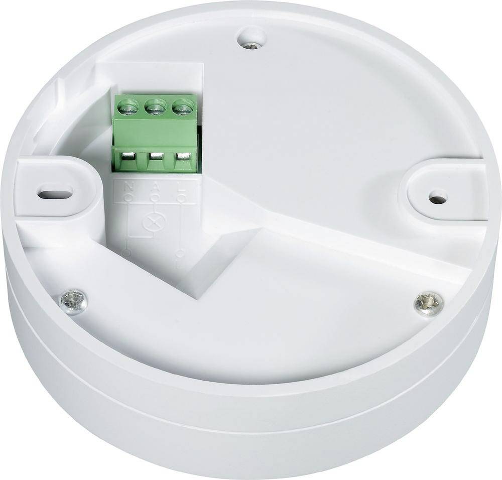 White round mounting base with green connection terminals, suitable for easy mounting on walls or ceilings.