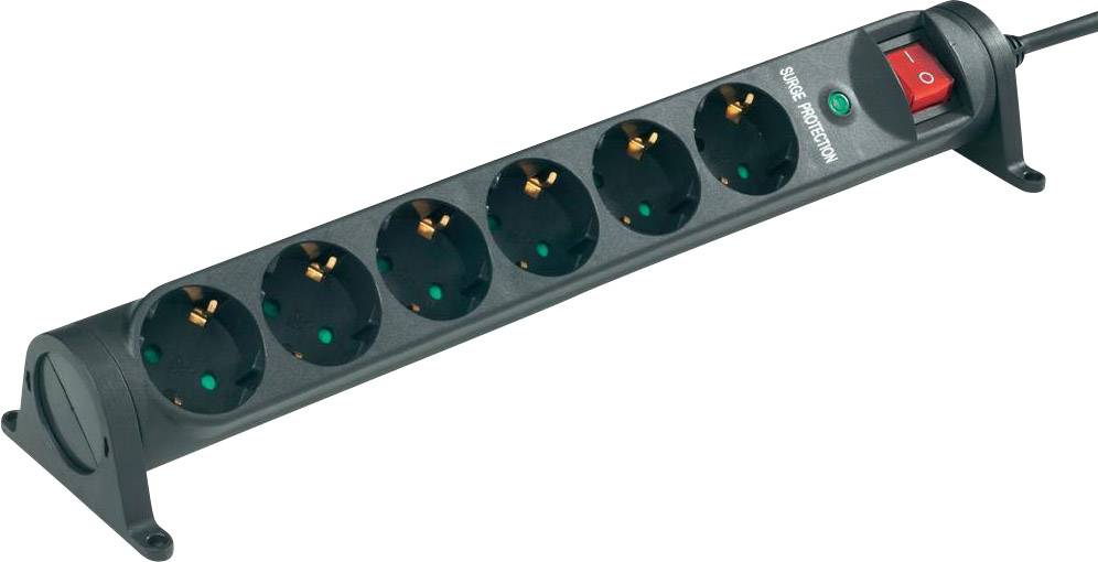 Six-way power strip with surge protection, featuring an on/off switch on the side.