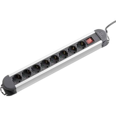Eight-way power strip with a red on/off switch. Cable exits on the right side.