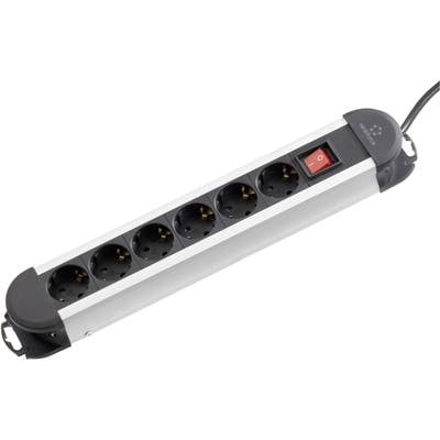 Six-socket power strip with aluminium housing, power switch and black cable, suitable for extending electrical connections.