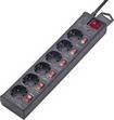 Black power strip with six sockets, each with a separate switch and a master switch located in the top right corner.