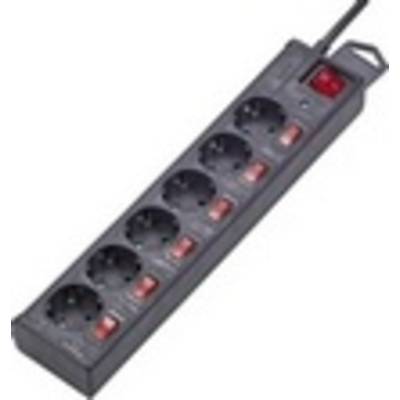Black power strip with six sockets, each with a separate switch and a master switch located in the top right corner.
