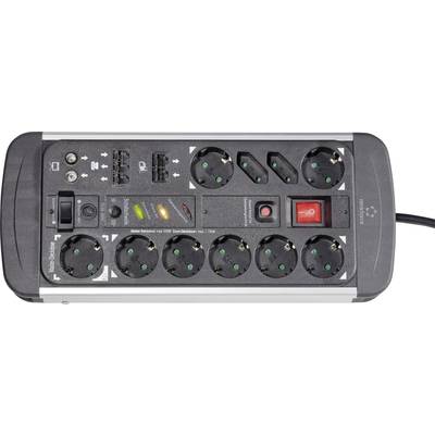 Power strip with ten Schuko sockets, two USB ports, switch and surge protection.