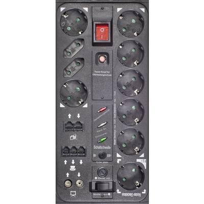A black surge-protected power strip with eight sockets and a red power on/off switch.