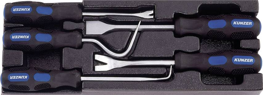 A set of four different tools with black handles and blue accents in a storage tray.