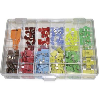 A transparent box containing various coloured car fuses: orange, red, blue, green, yellow and brown, sorted into compartments.