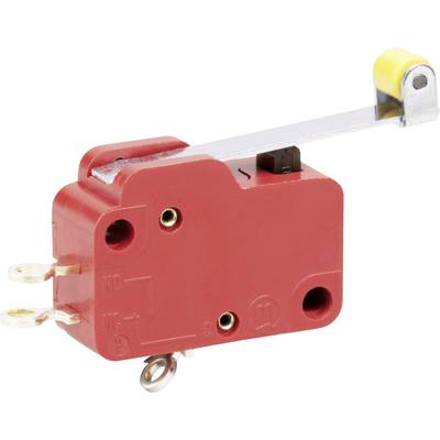 A red micro-switch with a metal lever and terminals, used in electronic devices for detecting positions or states.