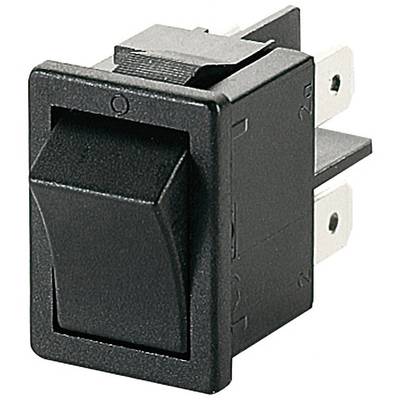 A black rocker switch with metal contacts, suitable for use in electrical devices to control on/off functions.