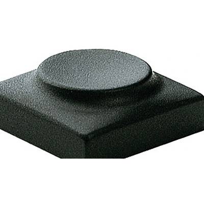 A grey, square button with a raised, circular surface.