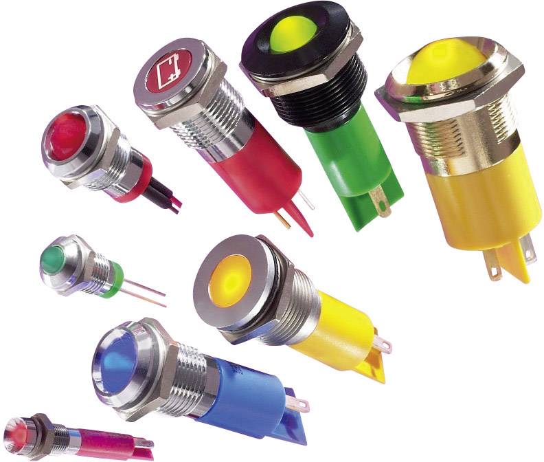 Various coloured LED indicators in metal housings, each with different symbols and colours, such as red, green, blue, and yellow.