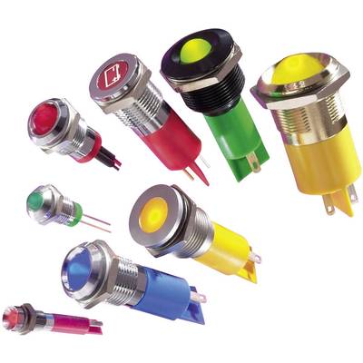 Various coloured LED indicators in metal housings, each with different symbols and colours, such as red, green, blue, and yellow.