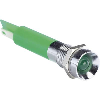 Green LED with metal housing, side view, used to indicate operational states in electronic devices.
