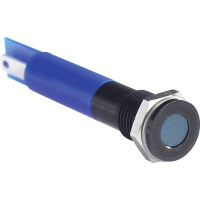 Blue push button with a round, black button and metal thread, used for control devices or control panels.