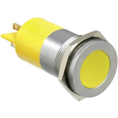 Yellow round push button with silver rim, used for electrical circuits, showing protruding metal contacts.