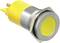 Yellow round push button with silver rim, used for electrical circuits, showing protruding metal contacts.