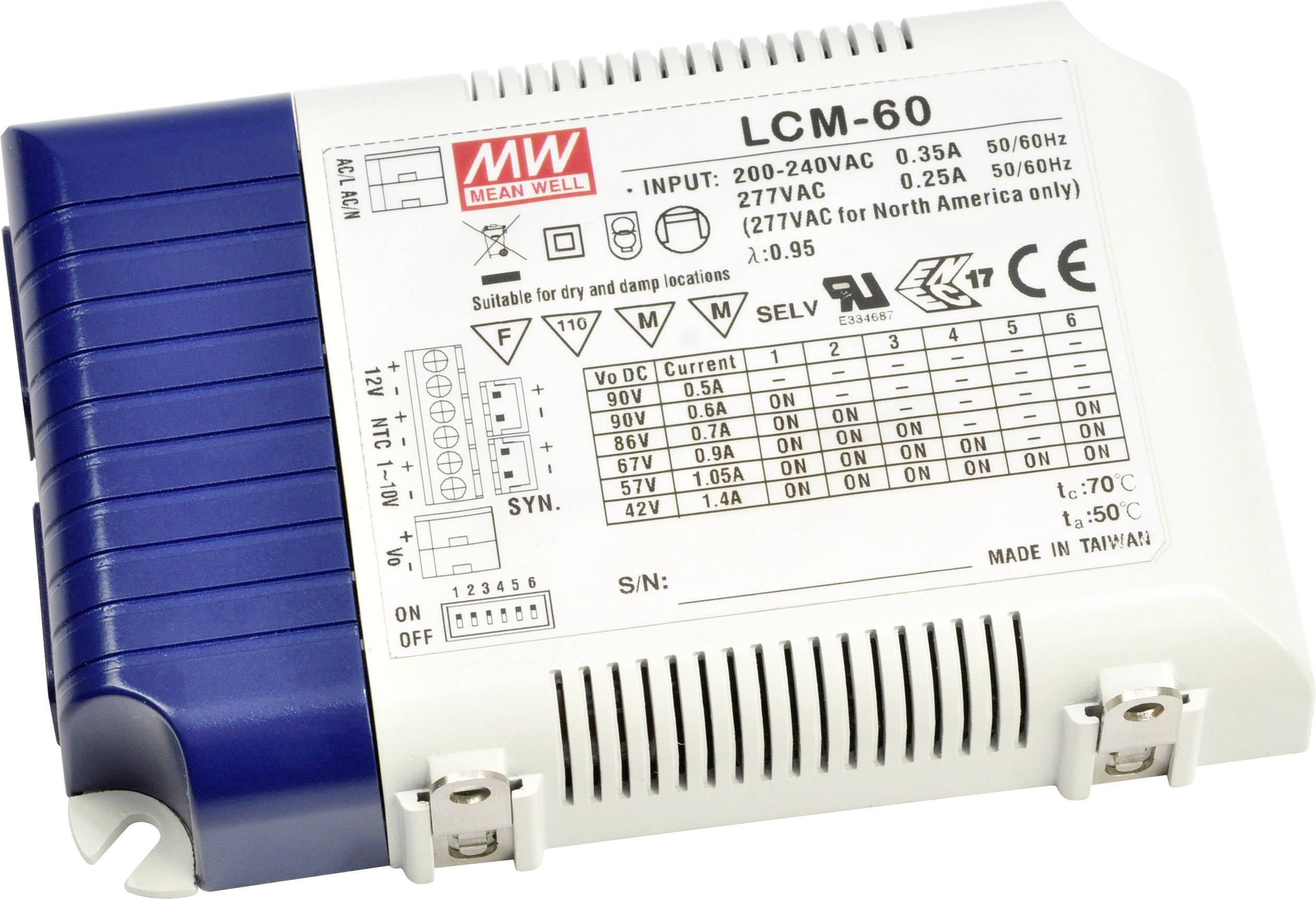 MW Mean Well LCM-60 LED driver Constant current 60 W 0.5 - 4.4 A 2 - 90 V DC PFC circuit, Surge protection, dimmable 1 pc(s)