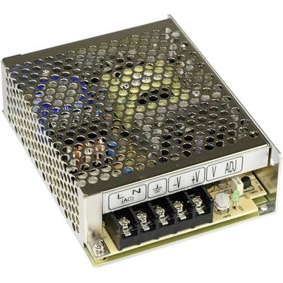 Metallic power supply unit with ventilation holes. Connections and configuration options visible at the front. Internal wiring discernible.