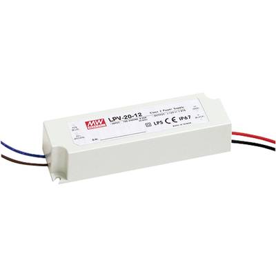 A rectangular, white power supply by Mean Well, labelled 'LPV-20-12', with connection cables at the ends. Suitable for LED lighting.