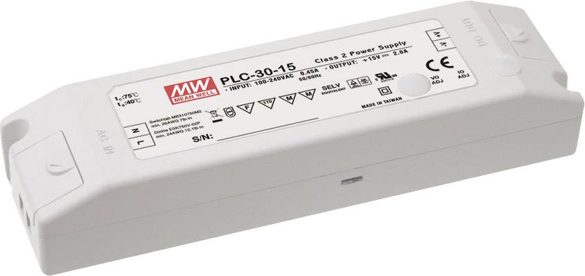 MW Mean Well PLC-30-12 LED driver, LED transformer Constant voltage, Constant current 30 W 0 - 2.5 A 12 V DC not dimmable, PFC circuit, Surge protection,