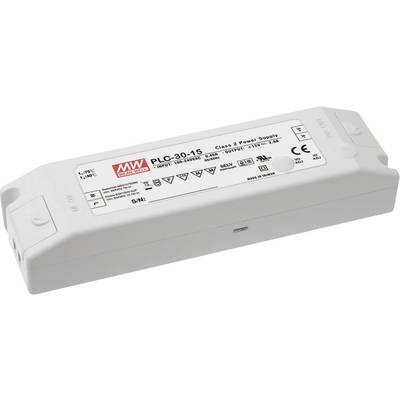Power supply with model number 'PLC-30-15', manufacturer's logo, voltage 15V/30W, safety and CE markings, Class 2.