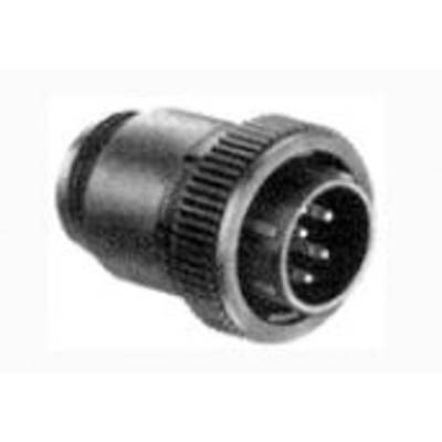 A round electrical connector with multiple contact pins and a knurled threaded ring for secure fastening.